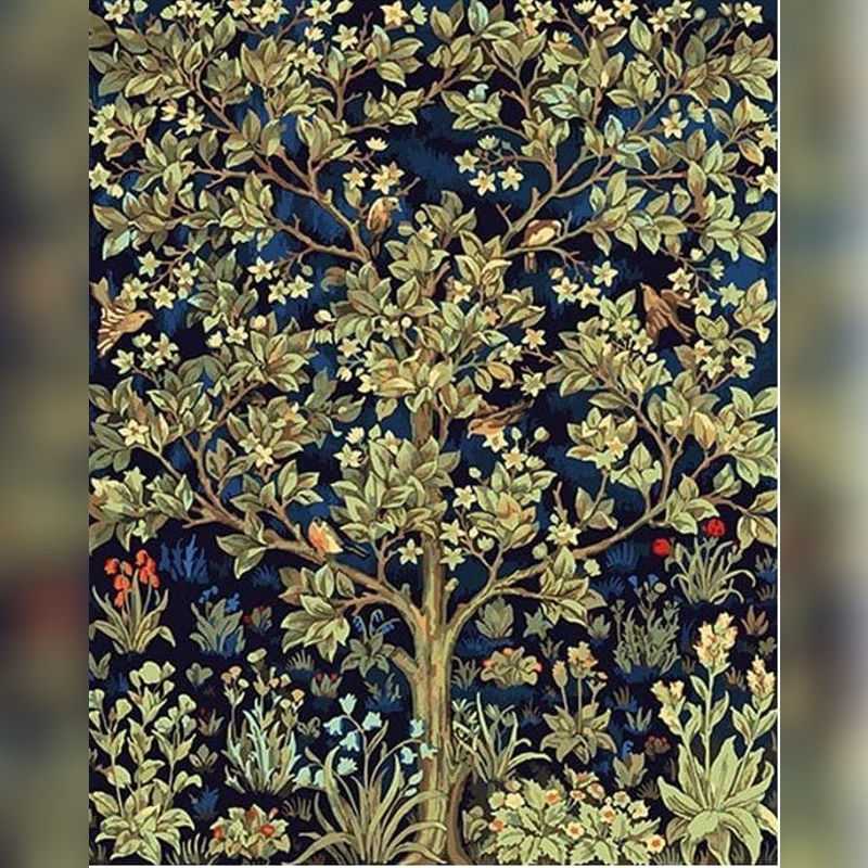 William Morris Tree of Life Paint By Numbers showcasing iconic foliage, flowers, and birds on a rich navy background