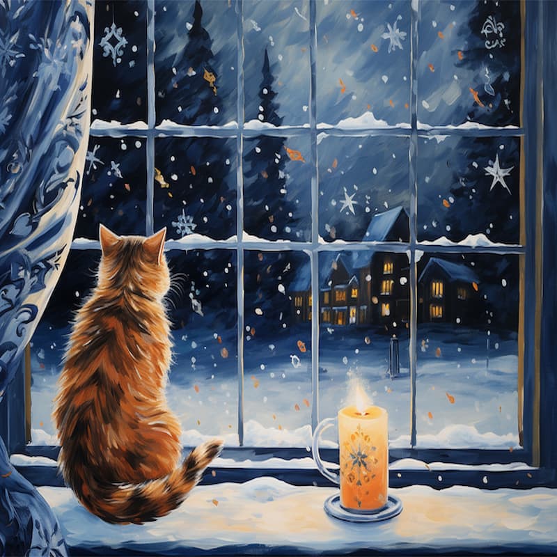 Paint by numbers artwork of an orange cat on a windowsill, gazing at snowy cottages and pine trees on a winter night with a glowing candle beside it