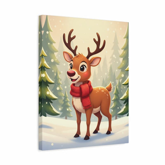 Canvas print with a cartoon reindeer wearing a red scarf in a snowy forest setting.