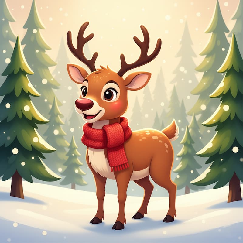 Cartoon reindeer wearing a red scarf in a snowy forest
