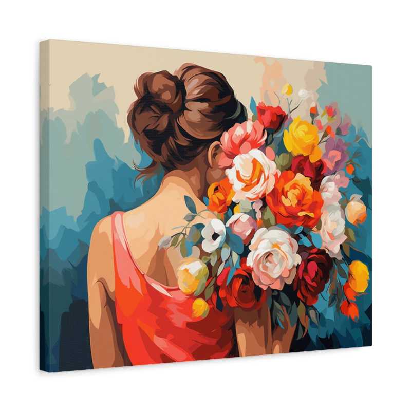 Women In Red Paint By Numbers Kit featuring a girl in a red dress seen from behind, holding a bouquet of colorful flowers shown in a frame