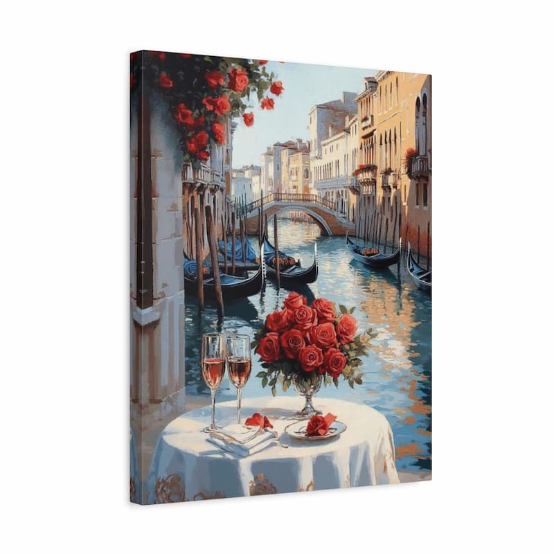 Romantic canal-side scene with gondolas and a stone bridge in Venice, viewed from a balcony table set with two glasses of rosé and a bouquet of red roses overlooking the water.