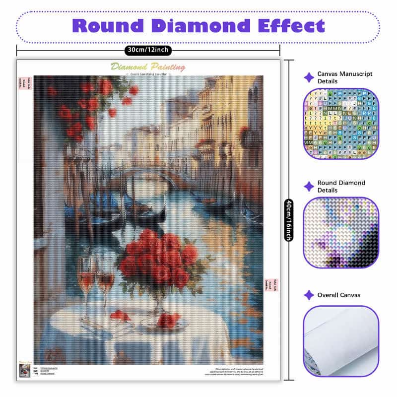Diamond painting kit with a scenic design of a city by a canal, roses, and wine glasses.
