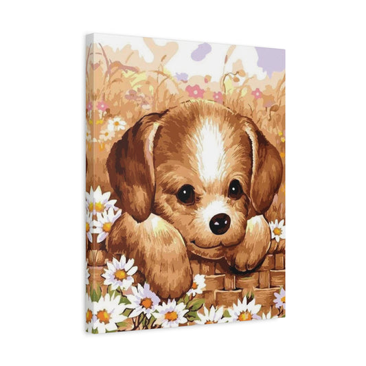 Adorable Puppy Paint By Numbers Kit featuring a cute puppy looking up sweetly in a soft and heartwarming portrait setting shown in a frame