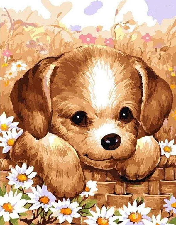 Adorable Puppy Paint By Numbers Kit featuring a cute puppy looking up sweetly in a soft and heartwarming portrait setting