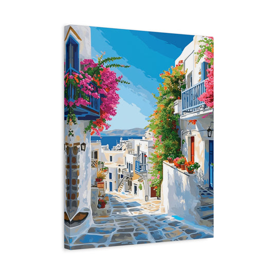 Aegean Stairway Paint By Numbers Kit featuring a scenic Greek alley with bright flowers and blue balconies shown in a frame