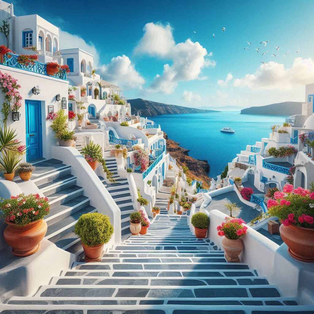 Aegean Steps Stairway Paint By Numbers Kit showing a sunlit Greek stairway lined with flowers and overlooking the blue ocean