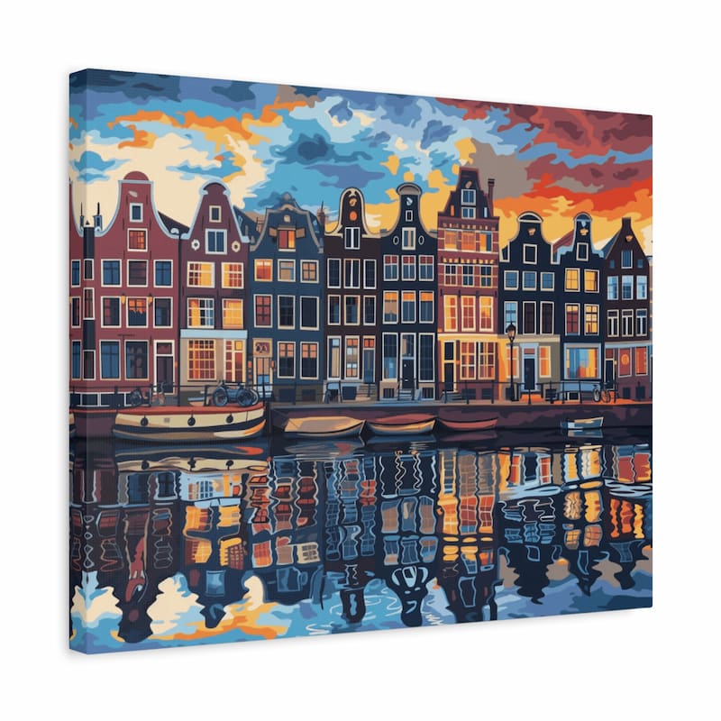 Colorful Amsterdam canal houses at sunset reflected in the water - paint by numbers kit shown in a frame