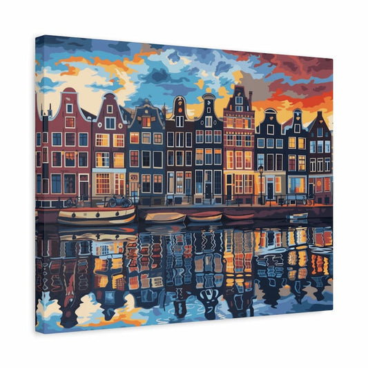 Colorful Amsterdam canal houses at sunset reflected in the water - paint by numbers kit shown in a frame