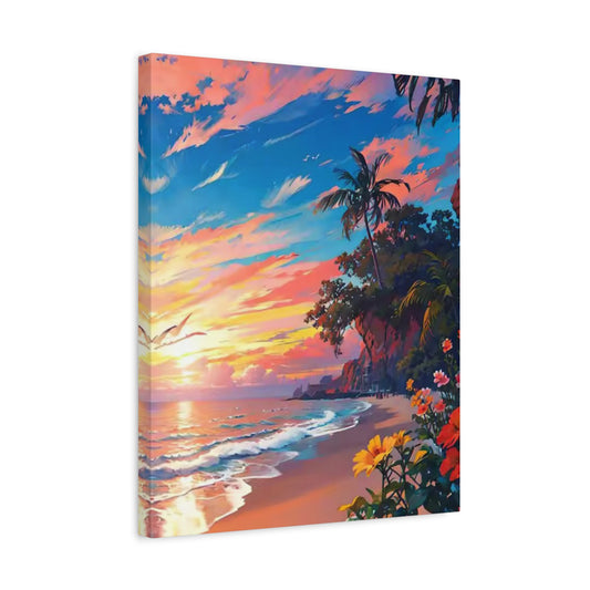 An Evening on Beach Diamond Painting Kit featuring a glowing sunset over calm ocean waves with diamond raisins adding a touch of sparkle to the peaceful beach scene shown in a frame