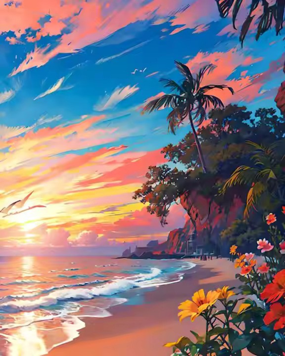 An Evening on Beach Diamond Painting Kit featuring a glowing sunset over calm ocean waves with diamond raisins adding a touch of sparkle to the peaceful beach scene