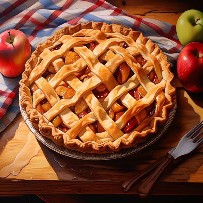 Apple Pie Paint by Numbers kit with realistic lattice crust dessert artwork framed wall art shown kept in a table.
