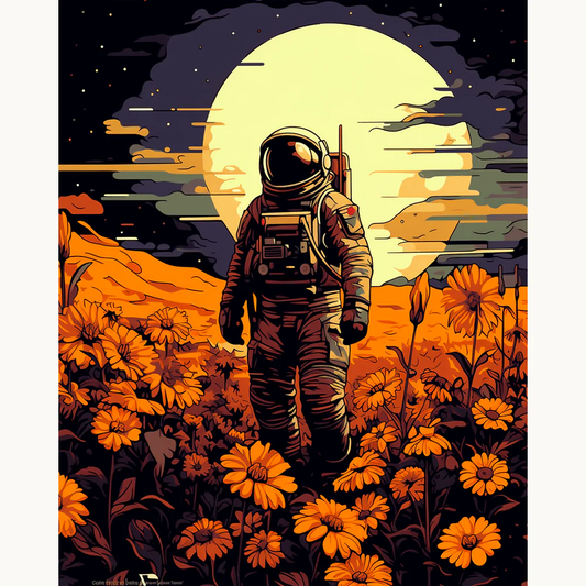 Astronaut’s Harvest Paint By Numbers artwork featuring an astronaut standing in a vibrant orange flower field with a glowing moon in the background