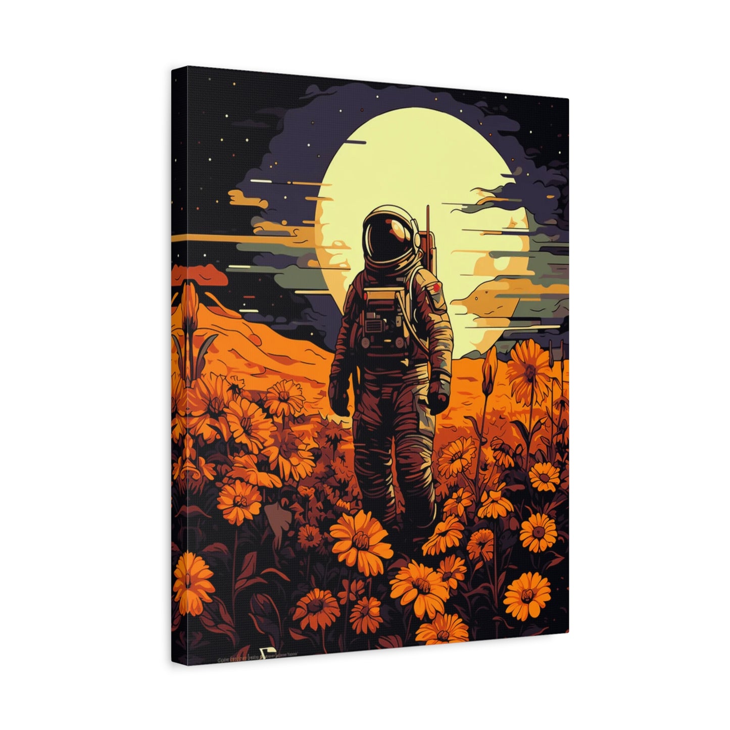 Astronaut’s Harvest Paint By Numbers artwork featuring an astronaut standing in a vibrant orange flower field with a glowing moon in the background in a frame