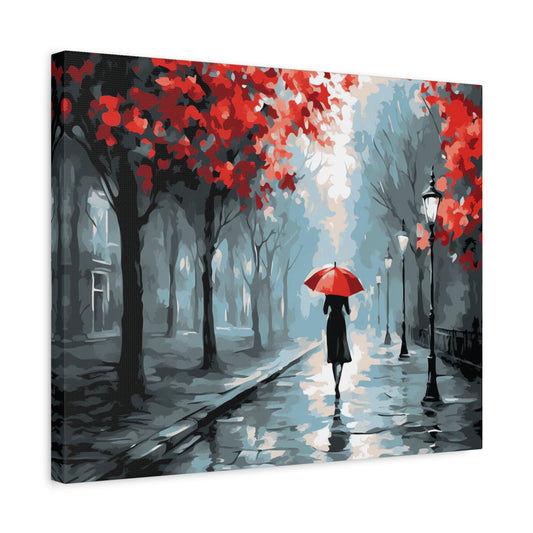 Autumn Embrace Paint By Numbers Kit featuring a colorful street scene with a girl holding a vibrant umbrella during the fall season, surrounded by autumn leaves and trees shown in a frame.