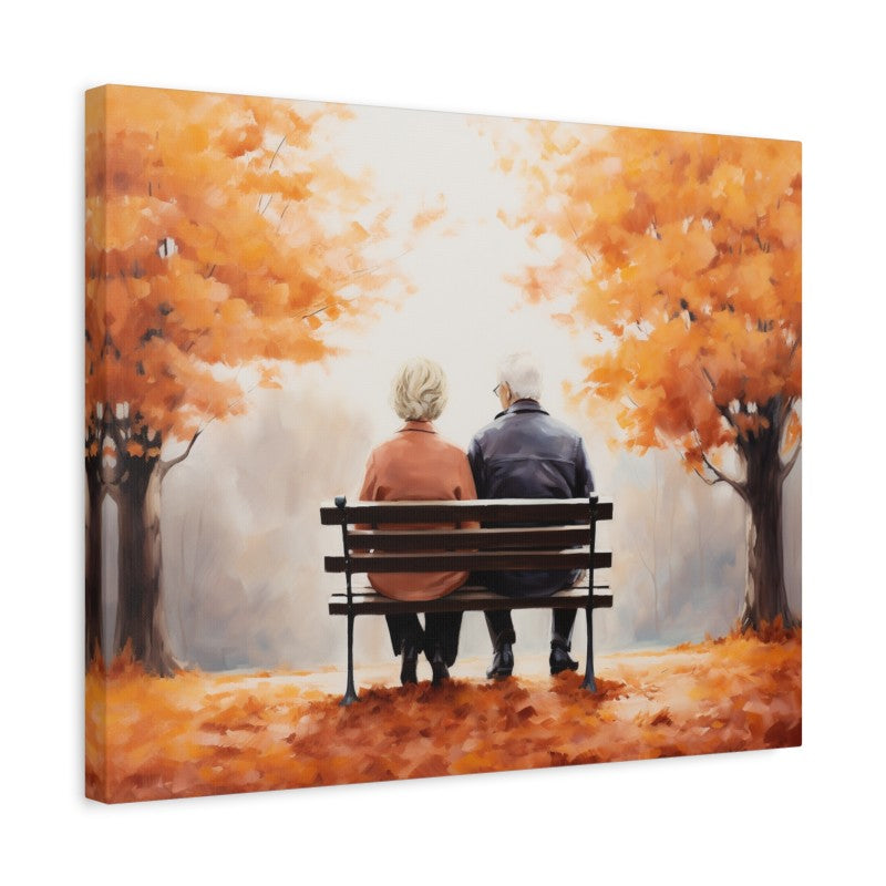 Painting of an elderly couple sitting on a park bench surrounded by autumn trees with bright orange leaves and fallen foliage on the ground shown in a frame