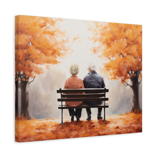 Painting of an elderly couple sitting on a park bench surrounded by autumn trees with bright orange leaves and fallen foliage on the ground shown in a frame