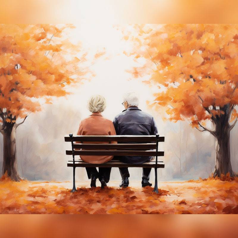 Painting of an elderly couple sitting on a park bench surrounded by autumn trees with bright orange leaves and fallen foliage on the ground