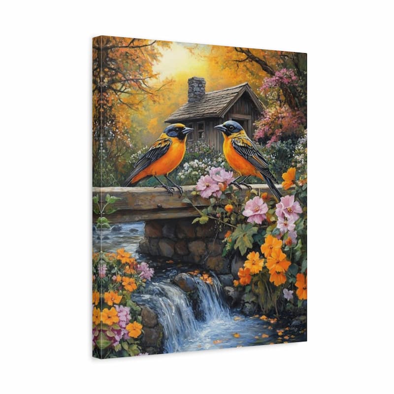 Canvas print with two birds on a bridge over a stream, surrounded by flowers and a house in the background.