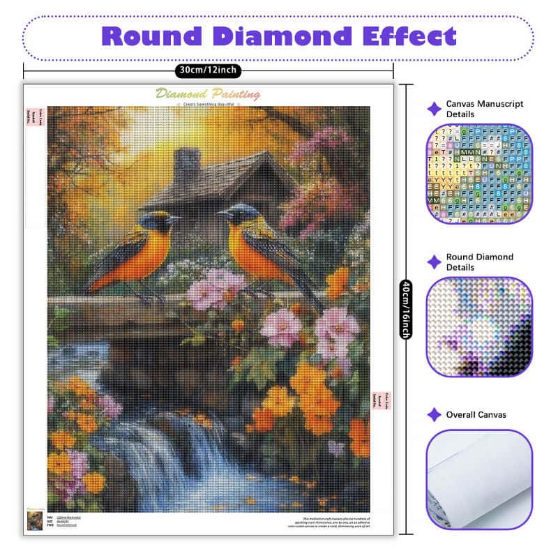 Diamond painting kit with two birds on a branch over a waterfall and flowers, featuring round diamond effect.