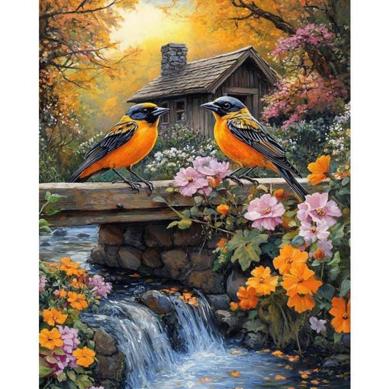 Two birds on a wooden bridge over a stream with flowers and a cabin in the background