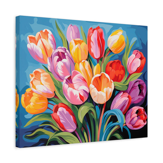 Blooming Beauty Paint By Numbers Kit showing colorful tulip bouquet with vibrant petals in shades of red, yellow, pink, and purple shown in a frame