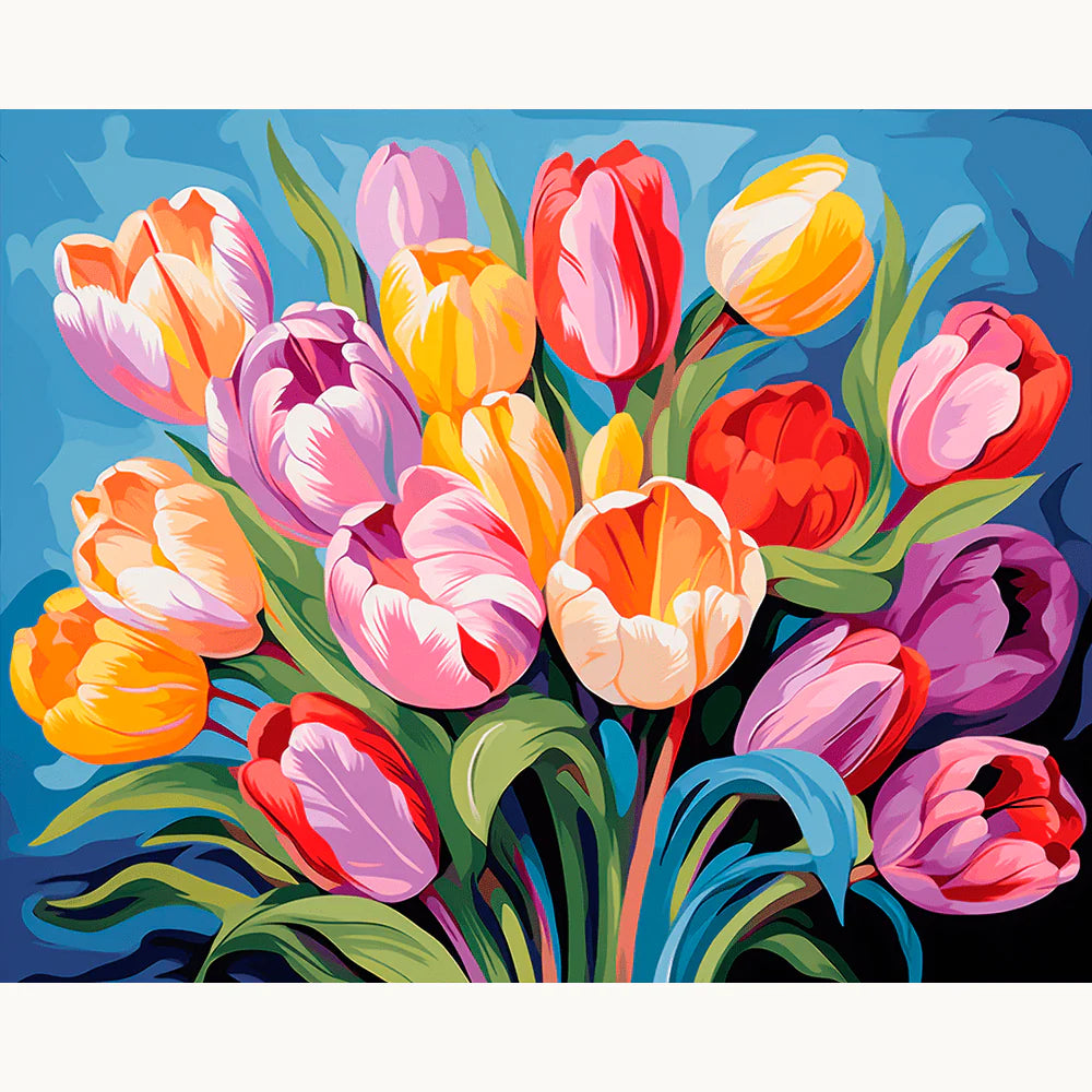 Blooming Beauty Paint By Numbers Kit showing colorful tulip bouquet with vibrant petals in shades of red, yellow, pink, and purple.