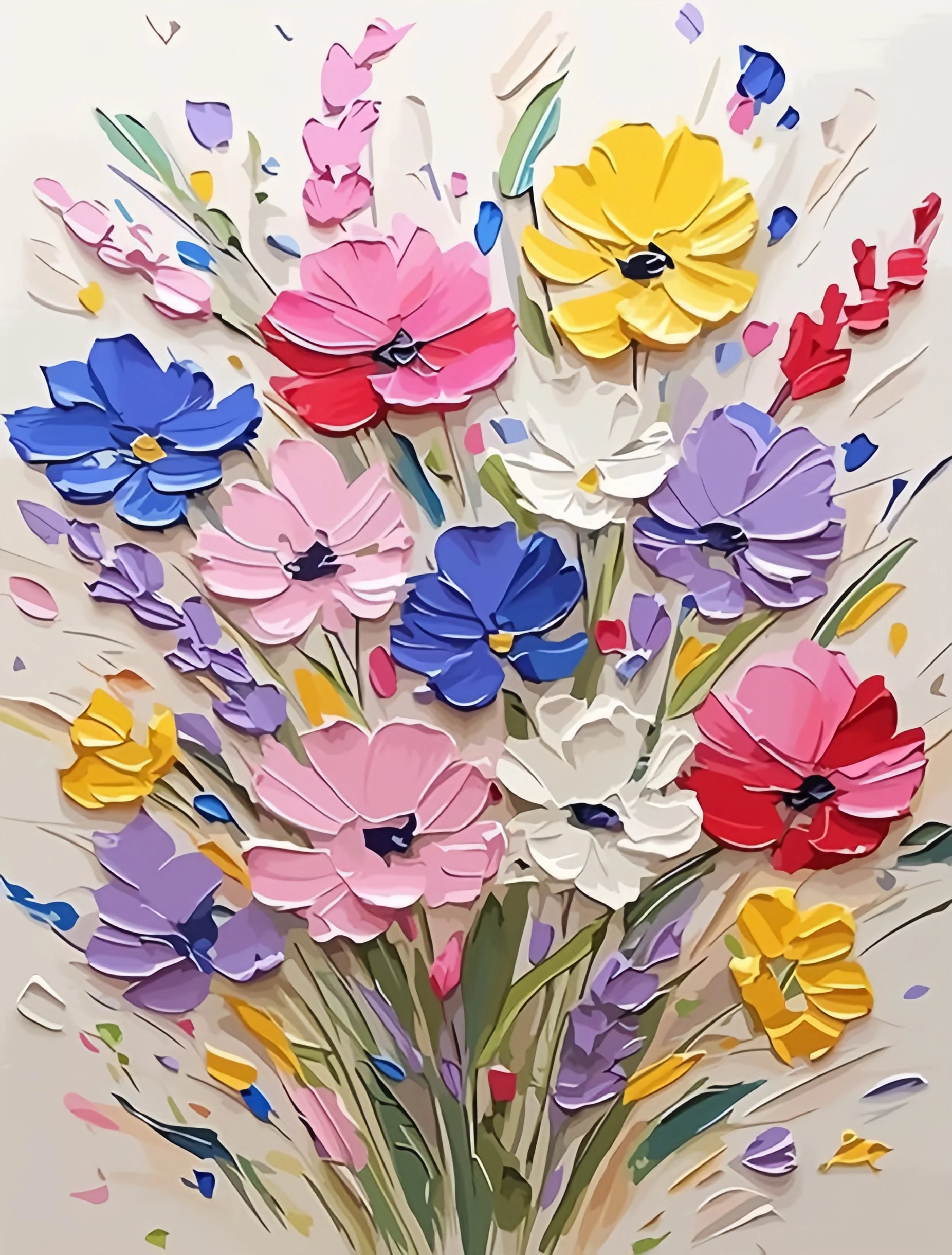 Blooming Joy Bouquet Paint By Numbers kit featuring a vibrant 3D-textured bouquet of pink, blue, purple, yellow, and white flowers, perfect for Canadian artists.