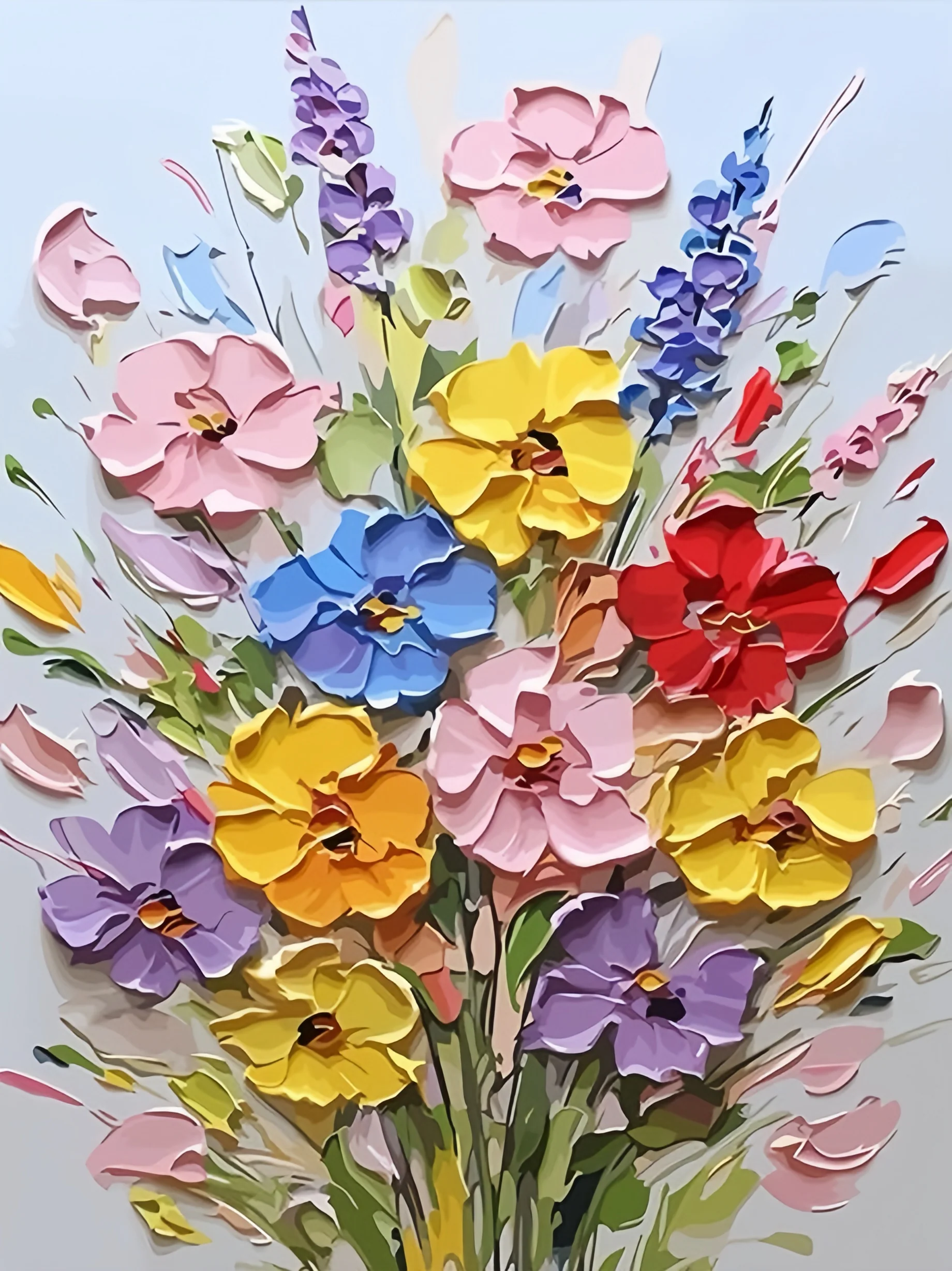 Blossom Jubilee Paint By Numbers kit showcasing vibrant yellow, pink, purple, red, and blue textured flowers blooming joyfully against a pastel background, perfect for Canadian artists.