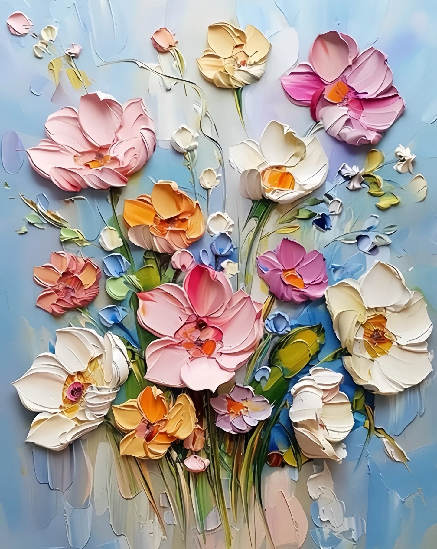 Blossom Symphony 3D Flowers Paint By Numbers painting featuring layered pastel pink, yellow, ivory, and violet flowers with sculpted texture on a soft blue background.