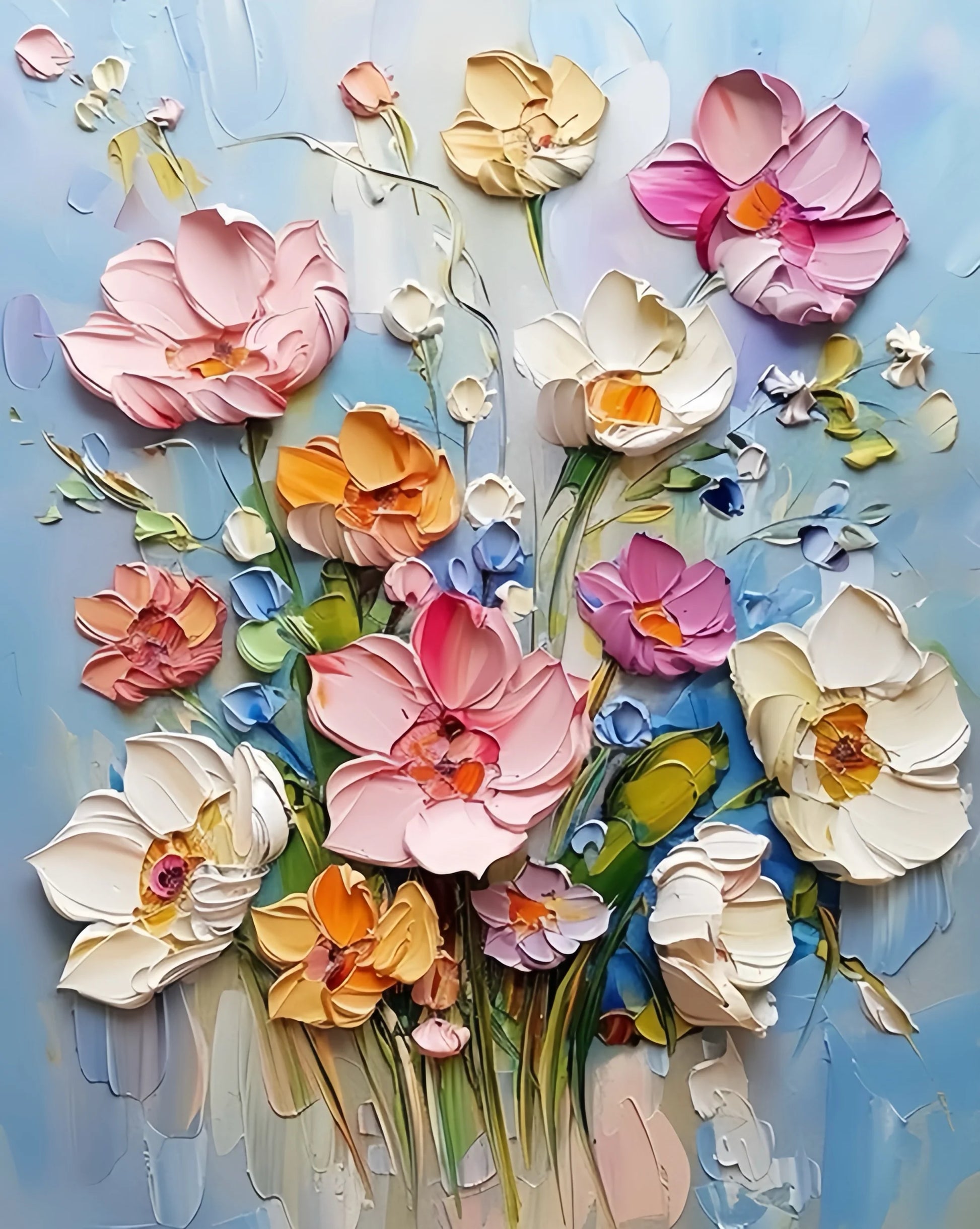 Blossom Symphony 3D Flowers Paint By Numbers painting featuring layered pastel pink, yellow, ivory, and violet flowers with sculpted texture on a soft blue background.