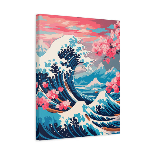 Blossom waves Paint By Numbers artwork featuring crashing blue waves inspired by Japanese art, pink cherry blossoms, and distant snowy mountains shown in a frame.