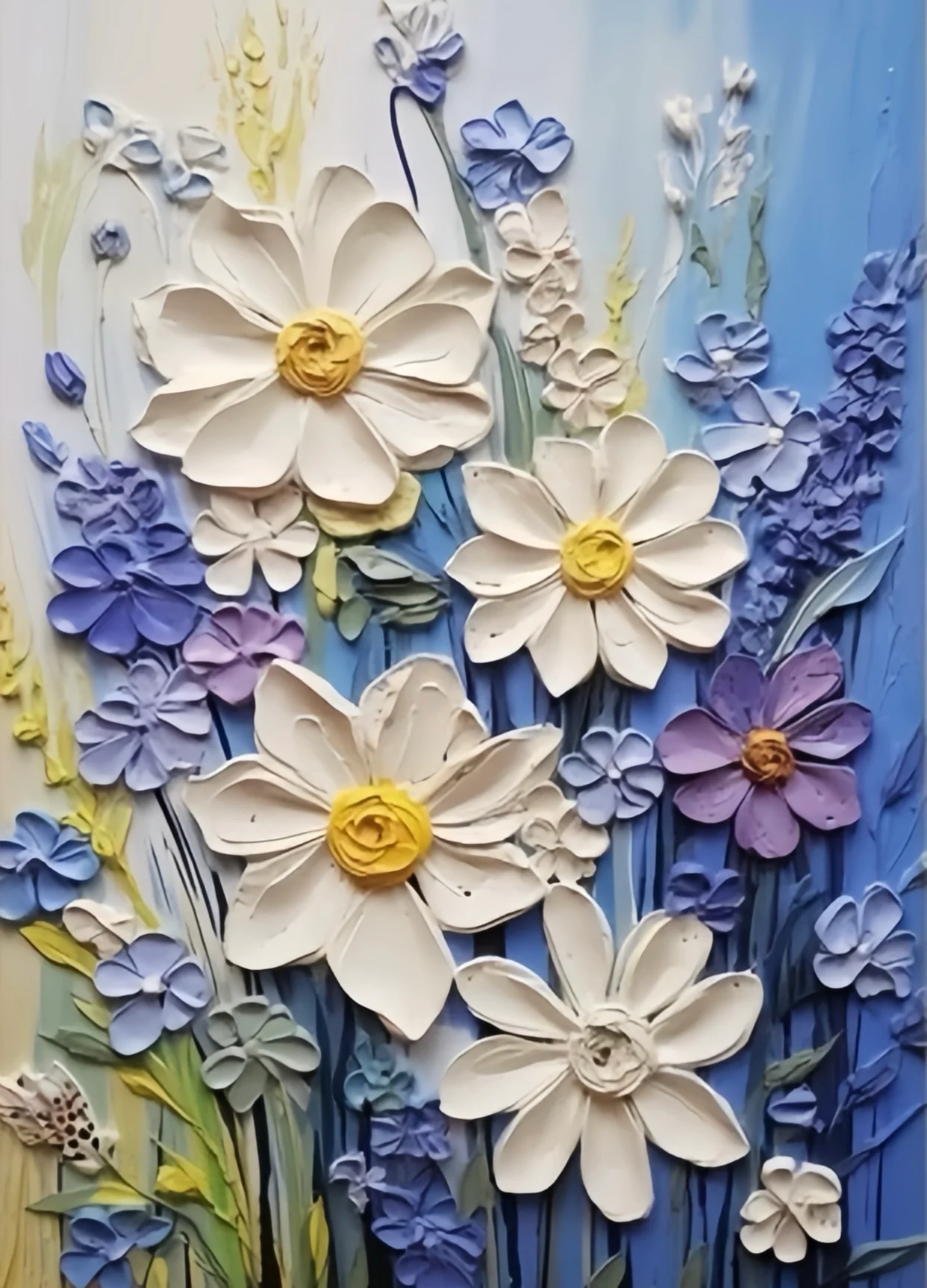 Blue Meadow Blooms 3D Flowers Paint By Numbers artwork showcasing white daisies with yellow centers, surrounded by textured blue and purple wildflowers on a soft gradient background.