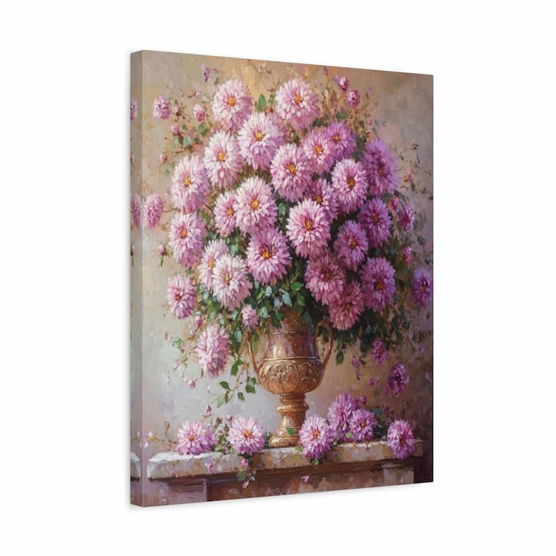 Canvas print of a pink floral arrangement in an ornate vase on a decorative ledge.