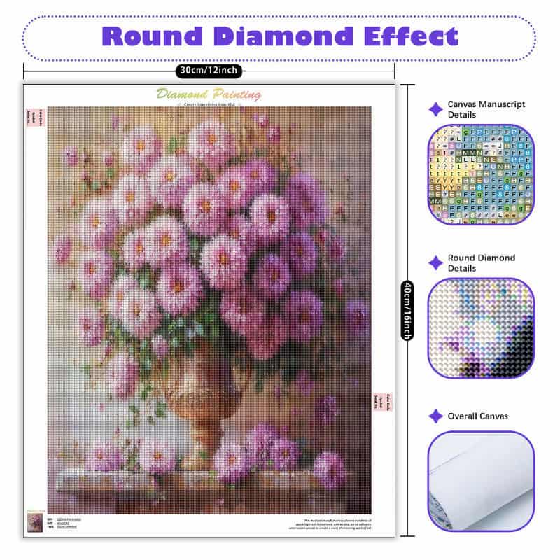 Diamond painting kit with a round diamond effect and a vase of pink flowers on a white background.
