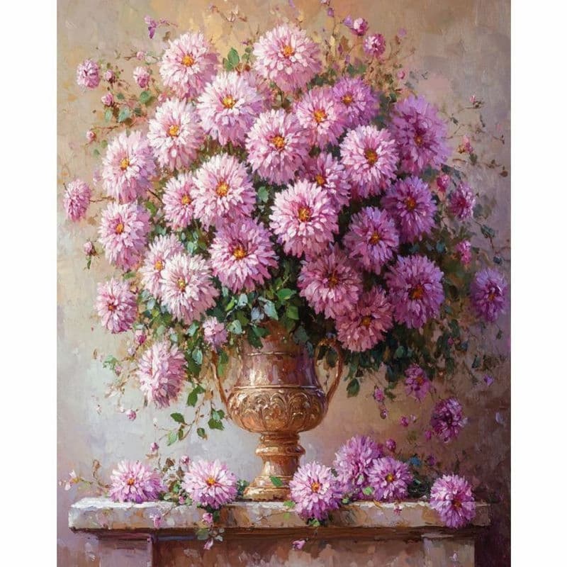 Vase of pink flowers on a decorative surface with a soft, warm background