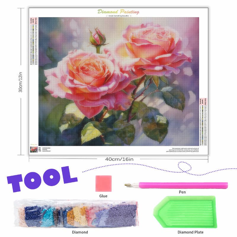 Diamond painting kit with roses, glue, pen, and diamond plate on a white background
