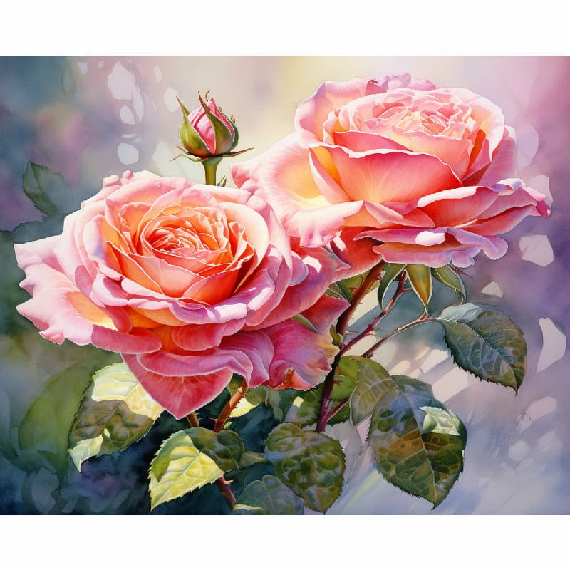 Two pink roses with green leaves on a soft, blurred background