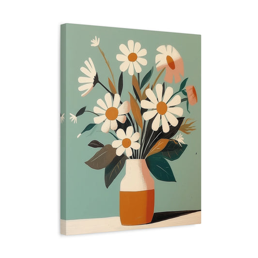 Minimalist daisy bouquet with white petals, orange centers, and soft green leaves in a modern vase against a light teal background, perfect for Canadian Paint By Numbers fans shown in a frame