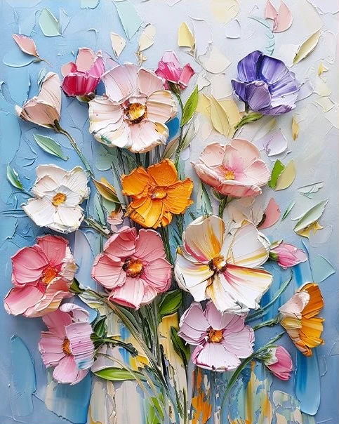 Breeze in Bloom Paint By Numbers kit featuring lively pink, white, orange, yellow, and purple 3D textured flowers blooming against a soft blue pastel background, perfect for Canadian artists.
