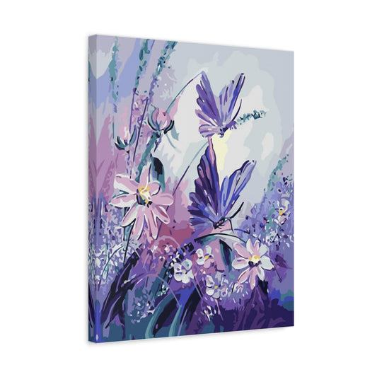 Butterfly Paint By Numbers Kit featuring a purplish butterfly hovering above purple flowers in a serene floral setting shown in a frame