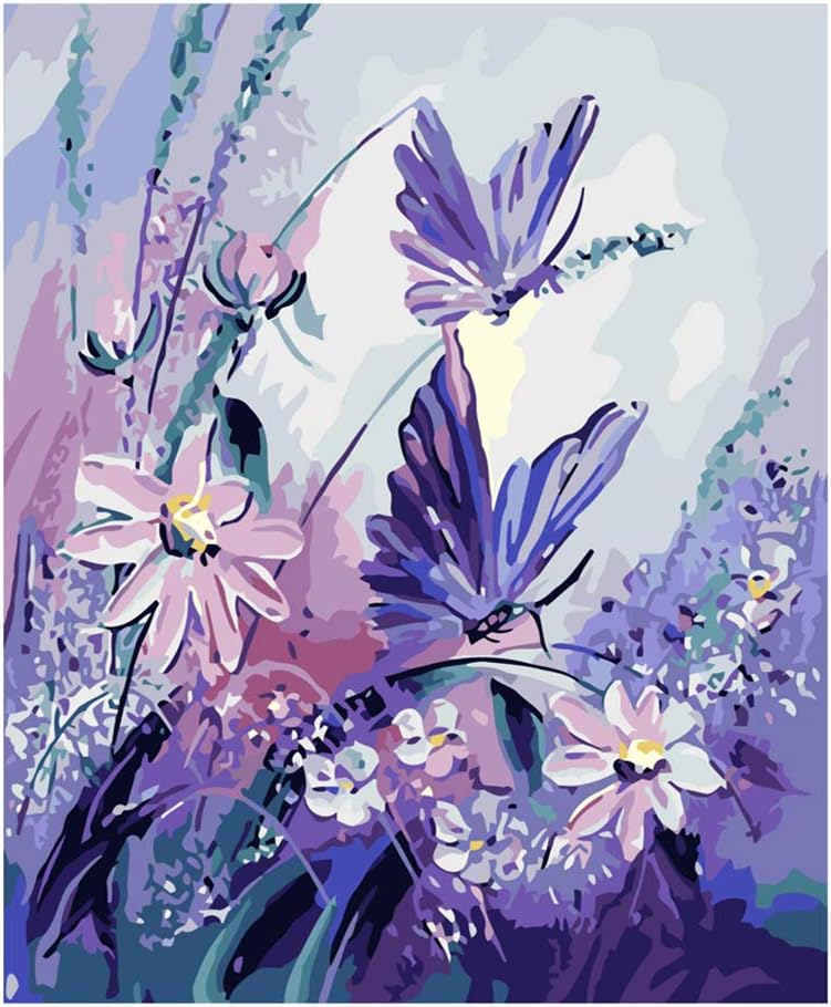 Butterfly Paint By Numbers Kit featuring a purplish butterfly hovering above purple flowers in a serene floral setting