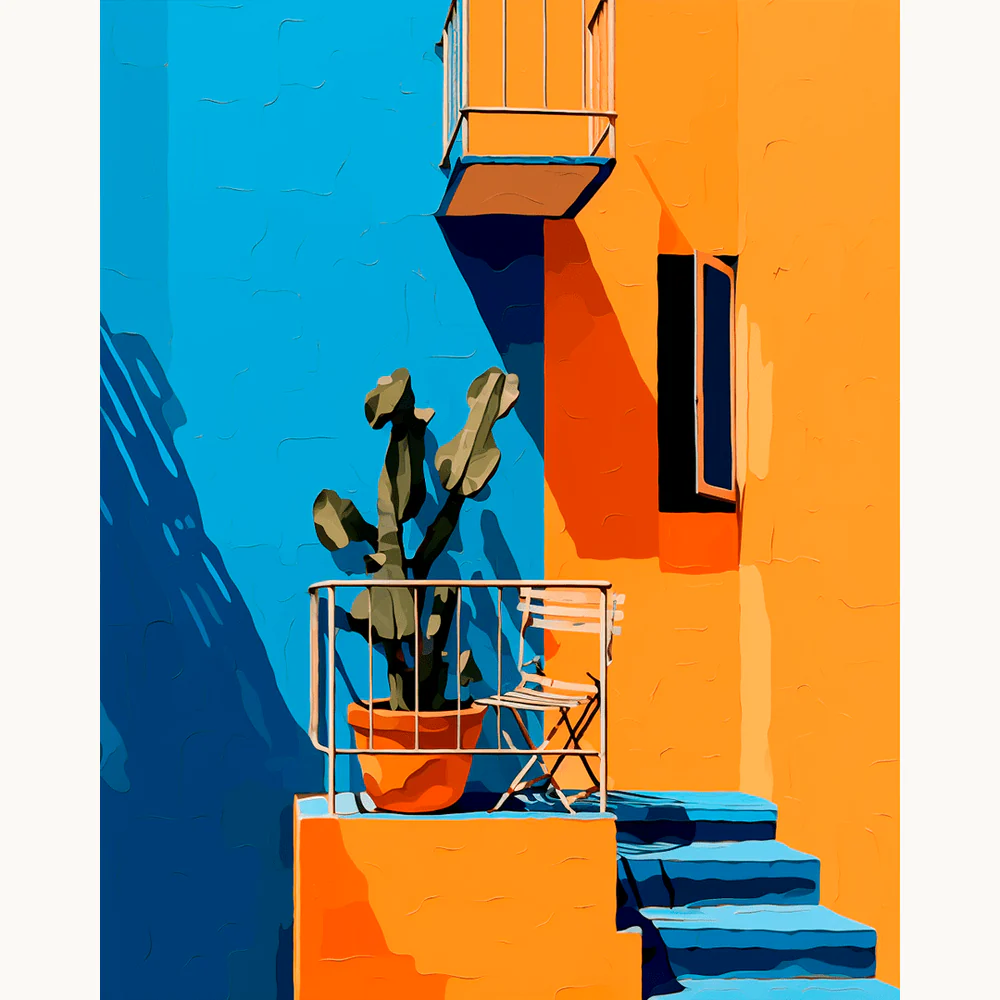 Cactus Corner Paint By Numbers showing a sunlit orange balcony with a green cactus in a pot, blue stairs, and shadows cast on a minimalist wall