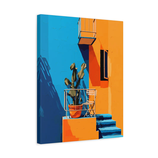 Cactus Corner Paint By Numbers showing a sunlit orange balcony with a green cactus in a pot, blue stairs, and shadows cast on a minimalist wall shown in a frame