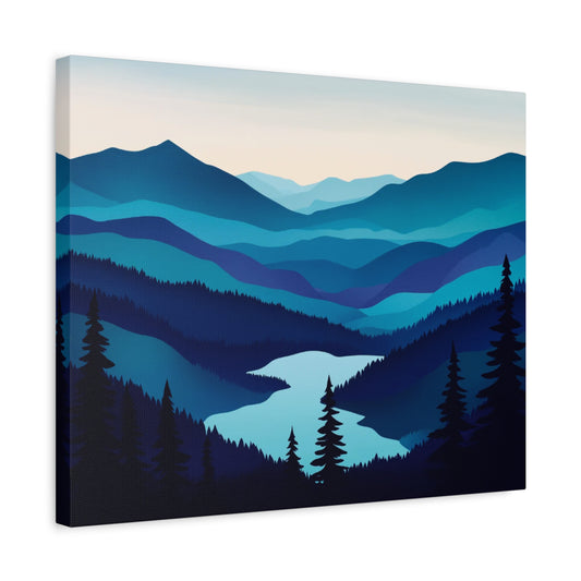 Calm Blue Paint By Numbers artwork showing layered blue mountain ranges, serene forest silhouettes, and a peaceful lake under a clear sky shown in a frame