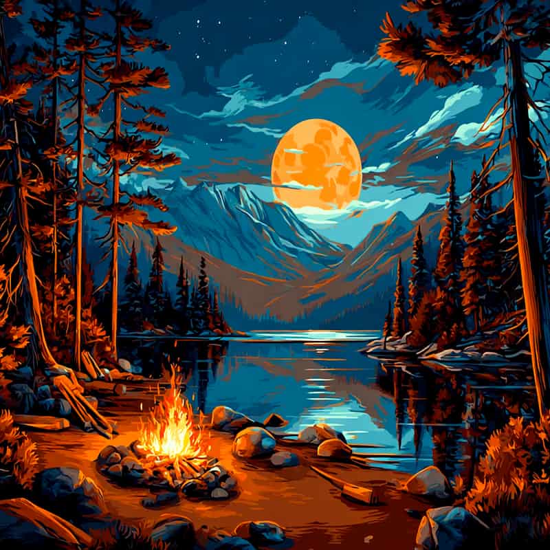 Campfire by a lake with mountains and a full moon in a forest setting