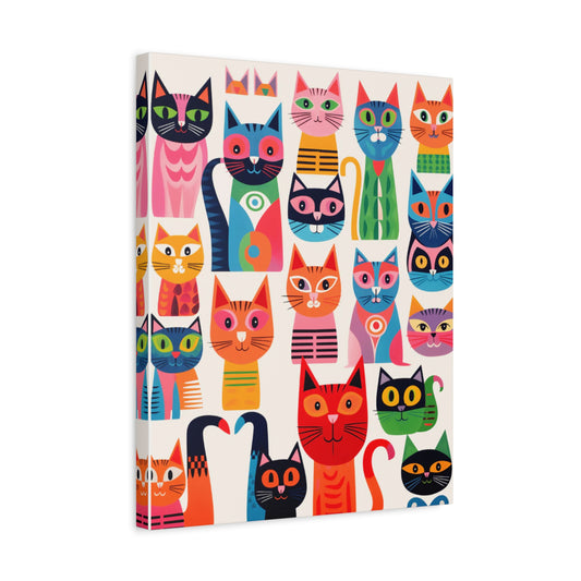 Cats and Moods Paint By Numbers Kit featuring colorful cats with playful expressions and bold geometric patterns shown in a frame
