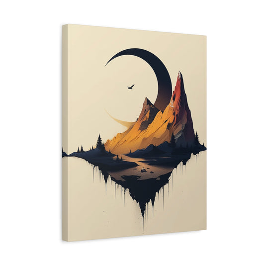 Surreal golden mountain with sharp peaks, crescent moon, pine trees, and floating land design, perfect for paint by numbers artists in Canada in a frame