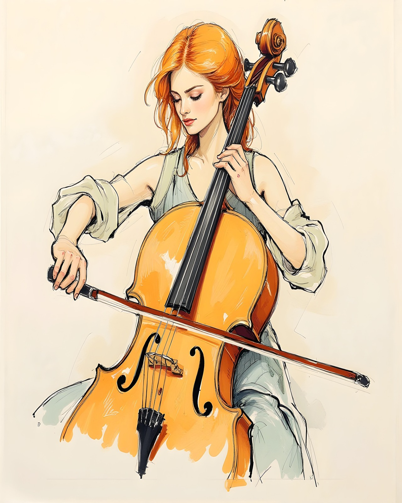Minimalist illustration of a woman playing a cello with closed eyes and soft focus, painted in warm tones, ideal for Paint By Numbers fans in Canada.