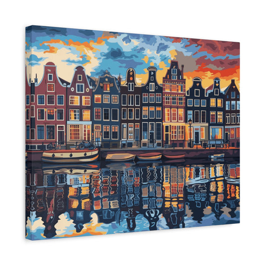 Charming Amsterdam Paint By Numbers Kit featuring the iconic canals, traditional Dutch houses, and bicycles in a serene Amsterdam sunset setting shown in a frame.